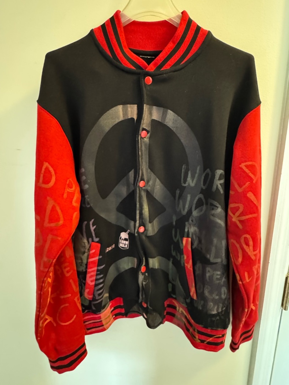 Red and Black Varsity Jacket with Graphic World Peace Design